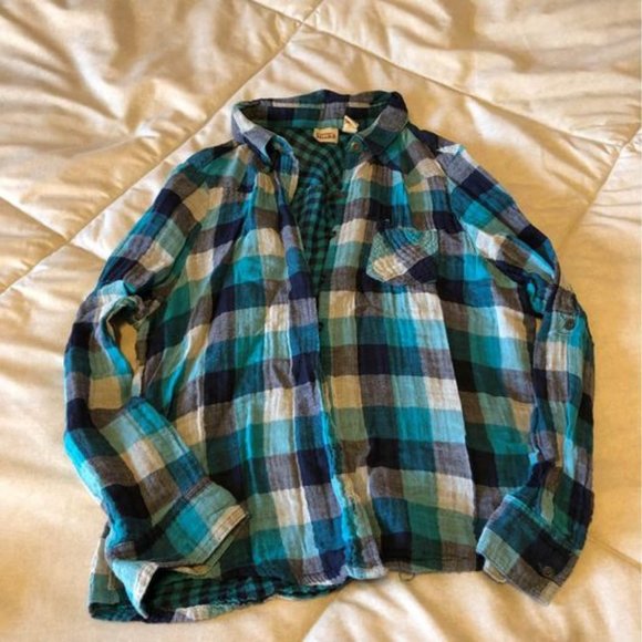 Mudd Tops - Aqua and Navy Flannel Shirt - Mudd - Juniors Size Large